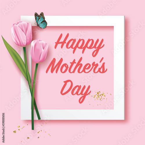 Mother's day mock up. Pink tulips and butterfly on a pink background, Vector