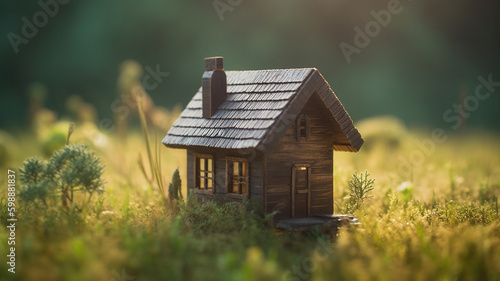 small wooden house model on the grass in garden. Generative Ai