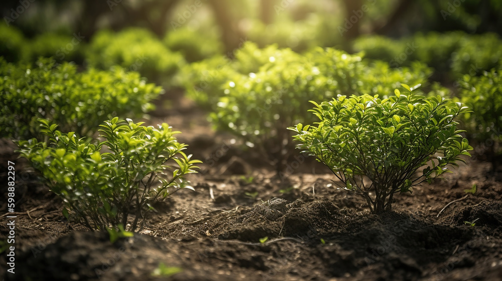 Small trees with green leaves, natural growth, and sunlight, the concept of agriculture. Generative Ai Small trees with green leaves, natural growth, and sunlight, the concept of agriculture. Generative Ai
