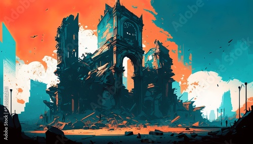 Anime style orange and blue color ancient city ruins in a post apocalyptic fantasy world. Generative AI