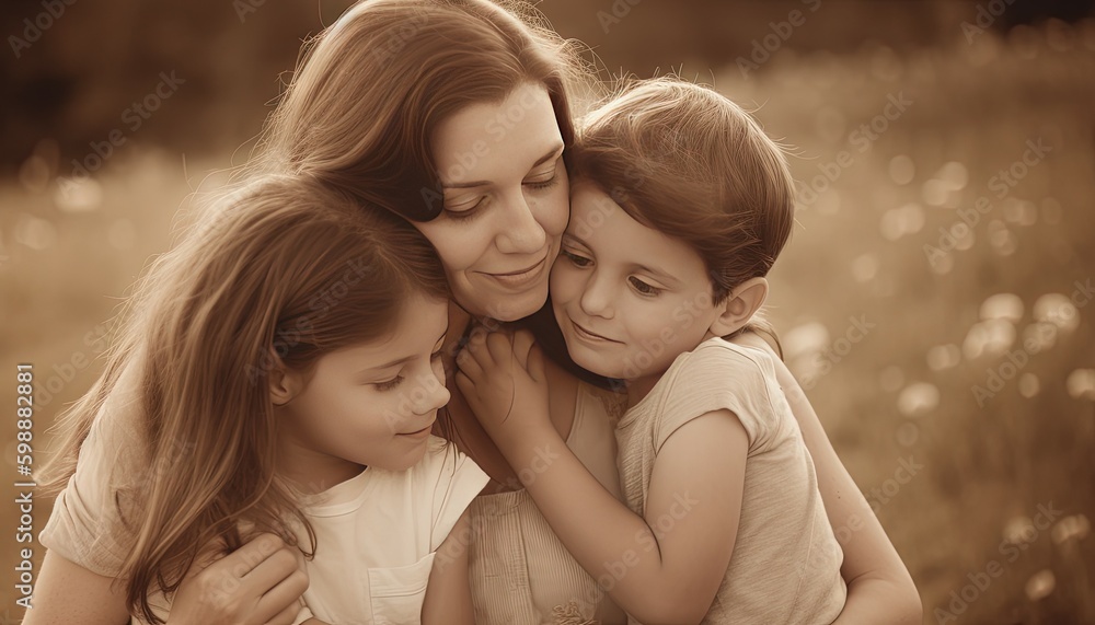 Obraz premium Portrait of a blonde mother and kids in garden, mothers day, womens day, generative ai