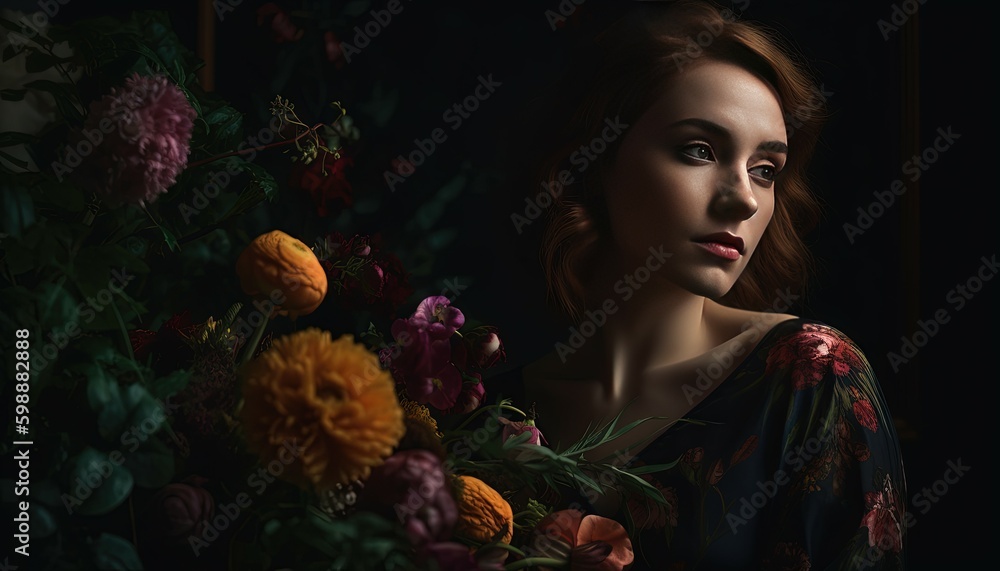 Portrait of a women covered with flowers beside it, mothers day, womens day, generative ai Portrait of a women covered with flowers beside it, mothers day, womens day, generative ai