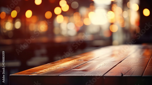 background Image of wooden table in front of abstract blurred restaurant lights. Generative Ai