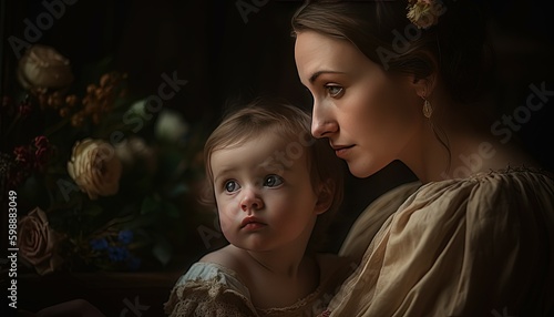 mother showing her child the flowers she picked up, mothers day, womens day, generative ai