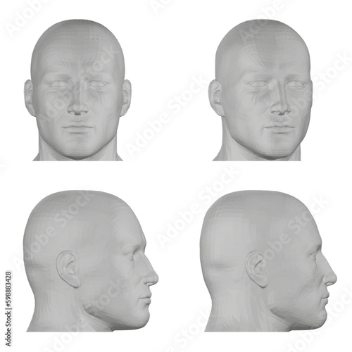 Set of polygonal male head in gray color isolated on white background. Front view, side view. 3D. Vector illustration.