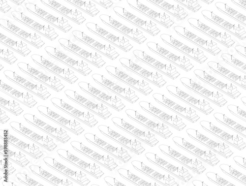 Background with the contours of many ships with containers from black lines isolated on a white background. Isometric view. Vector illustration.