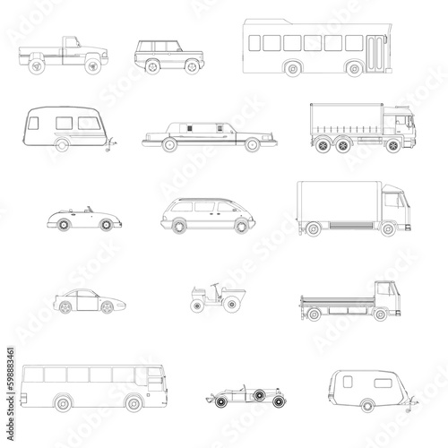 Set with contours of various cars from black lines isolated on white background. Side view. Vector illustration.