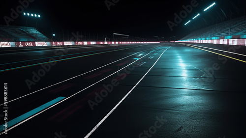 Asphalt racing track finish line and illuminated race sport stadium at night. Generative Ai © Malika