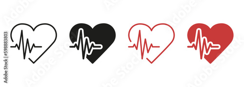Healthy Pulse, Heartbeat Rhythm Line and Silhouette Color Icon Set. Human Heart Beat Pictogram. Emergency Cardiac Diagnosis Symbol Collection on White Background. Isolated Vector Generative AI