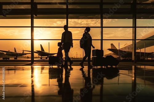 silhouettes of people at sunset airport