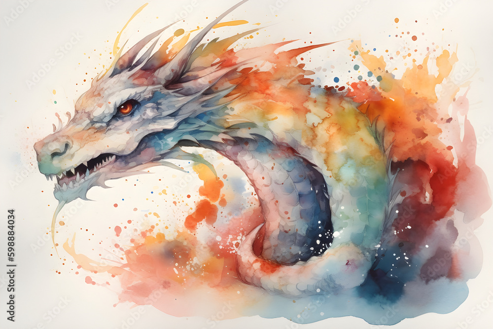 Watercolor colorful dragon isolated on white background Illustration. Chinese Year of dragon