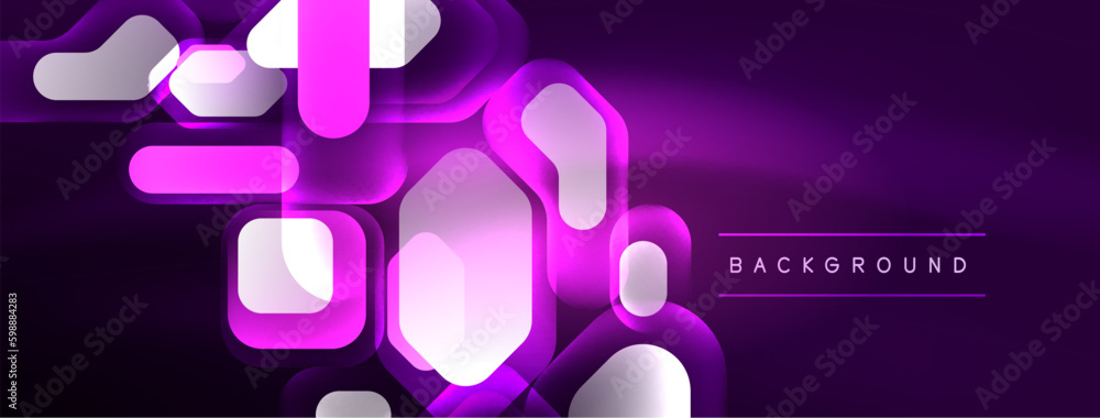 Neon lines, squares and round shapes abstract background. Techno glowing neon hexagon shapes vector illustration for wallpaper, banner, background, landing page, wall art, invitation, prints, posters