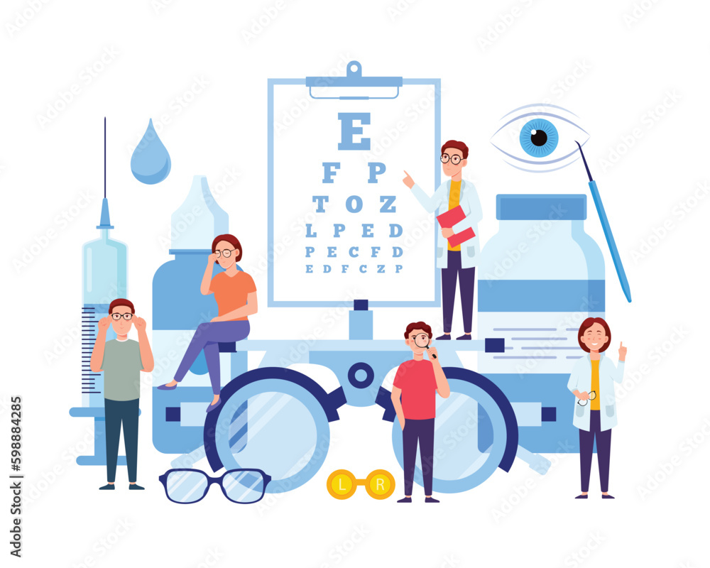 A cartoon of people standing on a chart with eye chart and glasses
