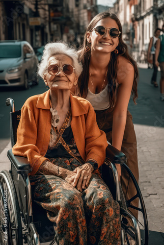 old stylish woman in a wheelchair with a young woman helping. generative ai