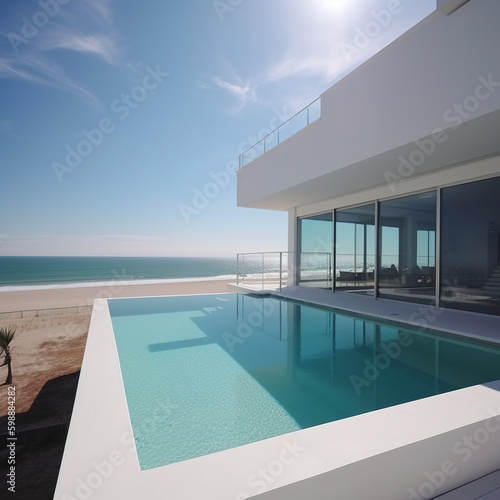 Relaxing summer,daybed on Sunbathing deck and private swimming pool with near beach and panoramic sea view at luxury house. generative AI © WS Studio 1985