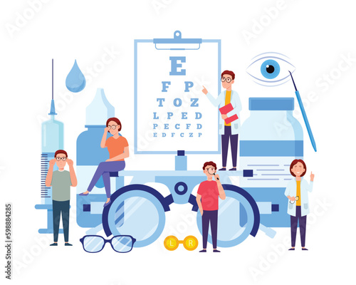 A cartoon of people standing on a chart with eye chart and glasses photo