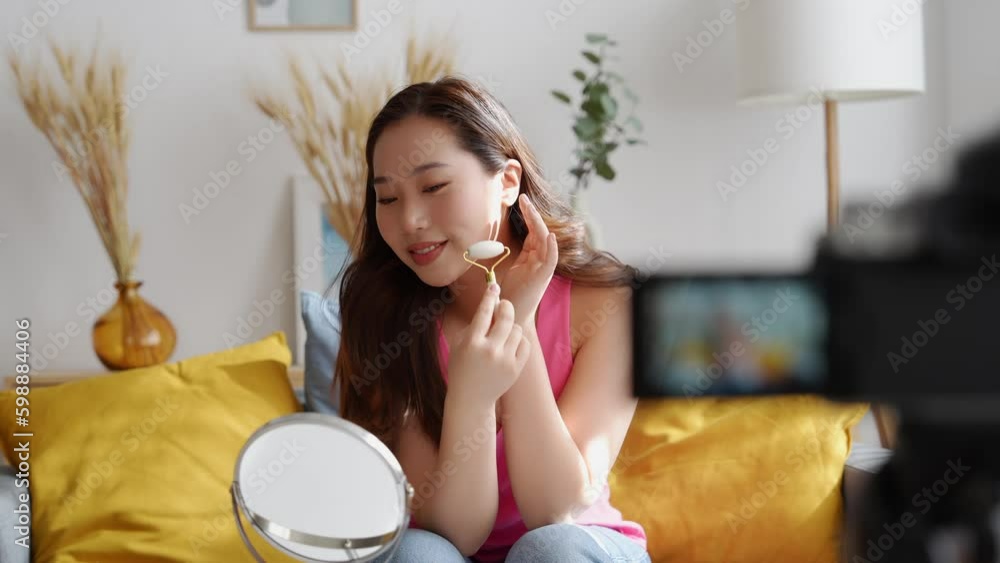 Young woman recording a cosmetology tutorial. Generative AI Young woman recording a cosmetology tutorial. Generative AI
