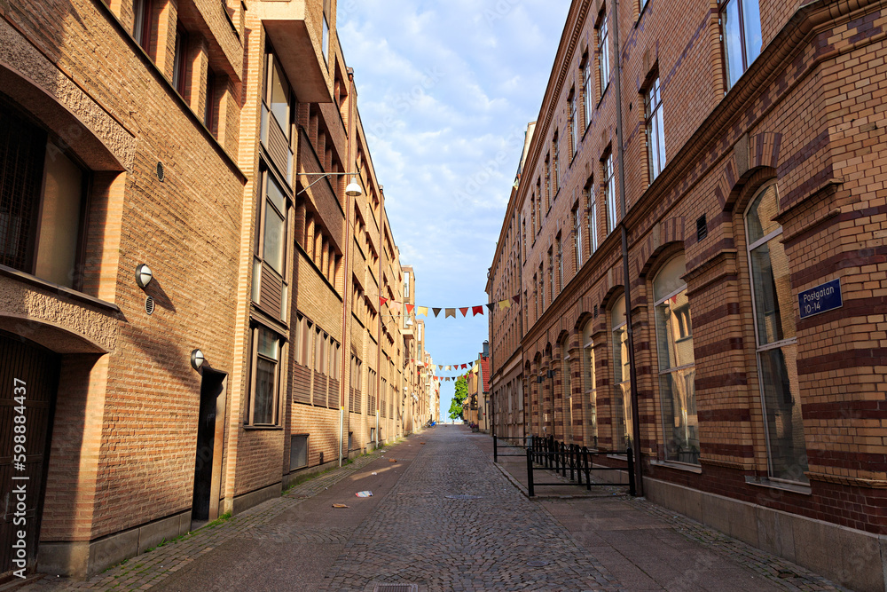 Gothenburg, Sweden - June 25, 2019: Postgatan street in the historic city center in the morning