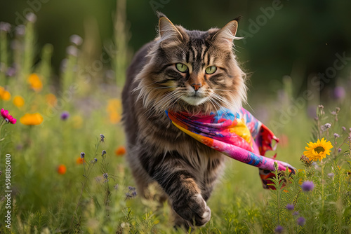 A disheveled cat with lgbt pride flag scarf running through a flowered meadow. Generative AI