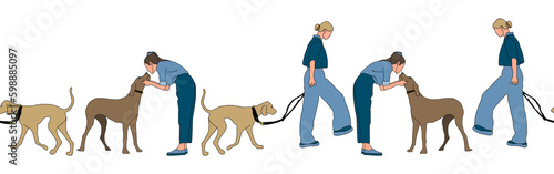 Woman character with dog border. Flat illustration. Pets  domestic animals border  website design or landing page