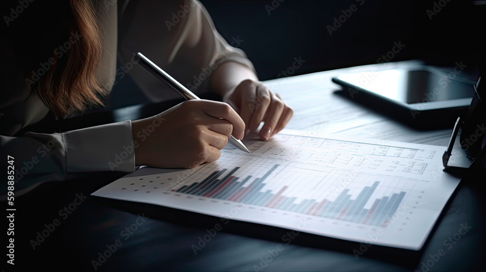 Businesswoman working with financial charts. Generative AI
