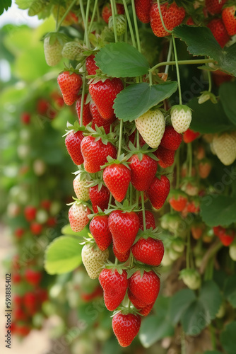 Hanging red strawberries in a farm. Generative Ai