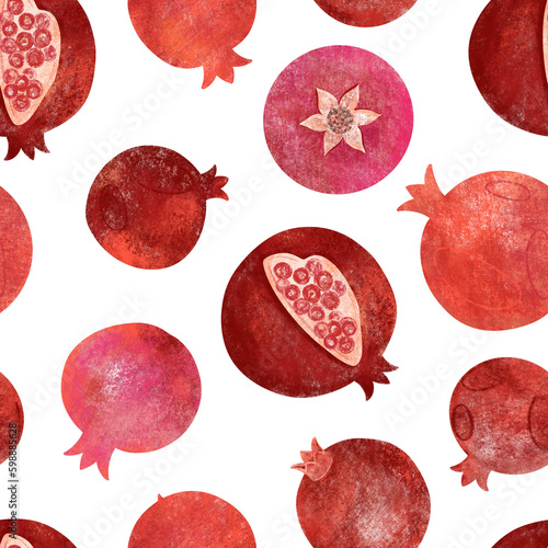 Seamless pattern with pomegranates. hand drawn ripe texture pomegranate fruit. different options and shades
