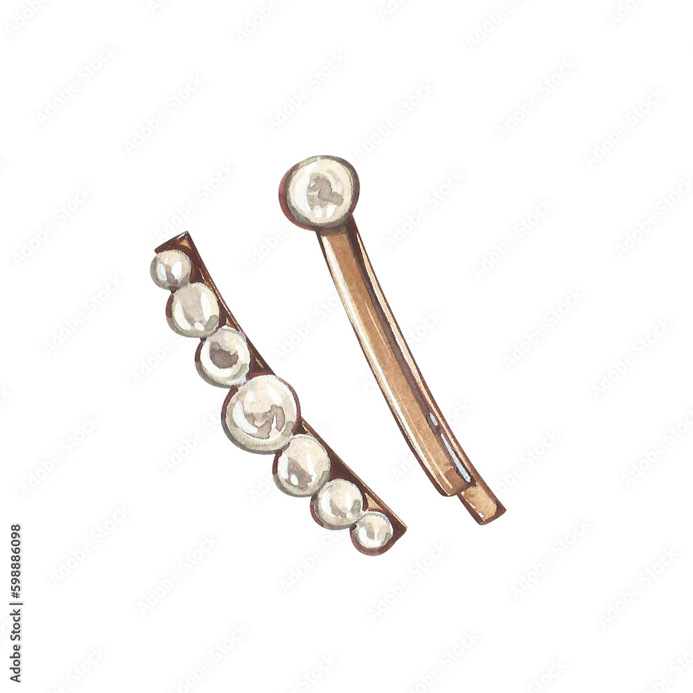 Set pearl jewelry golden hairpin isolated on white background. Watercolor hand drawn style illustration. Art for design Set pearl jewelry golden hairpin isolated on white background. Watercolor hand drawn style illustration. Art for design