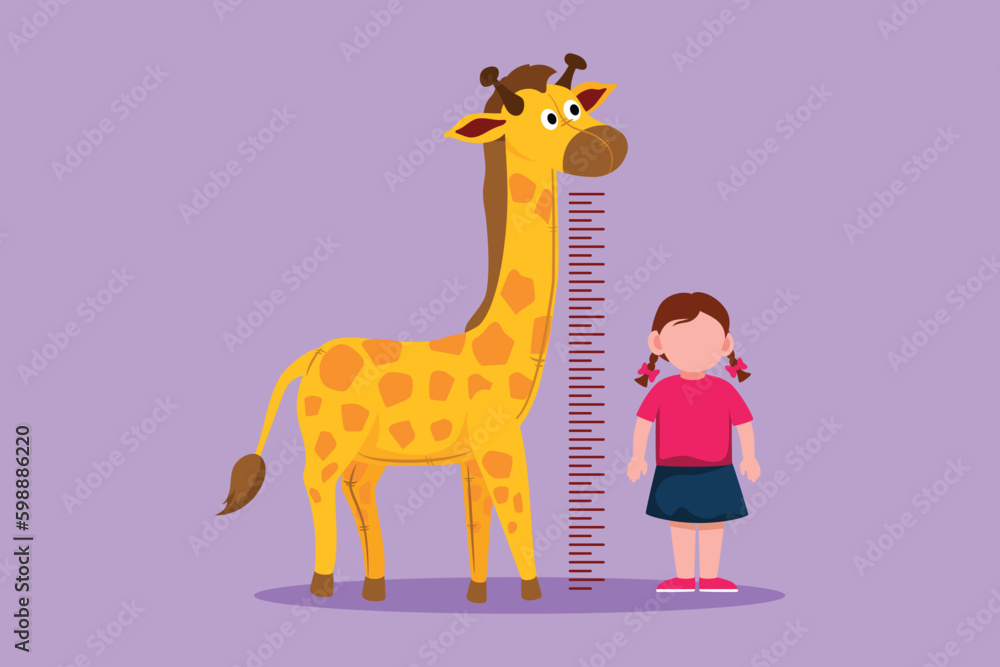 Graphic flat design drawing little girl measuring her height with giraffe height chart on wall. Kids measures growth at kindergarten. Child measuring height concept. Cartoon style vector illustration Graphic flat design drawing little girl measuring her height with giraffe height chart on wall. Kids measures growth at kindergarten. Child measuring height concept. Cartoon style vector illustration
