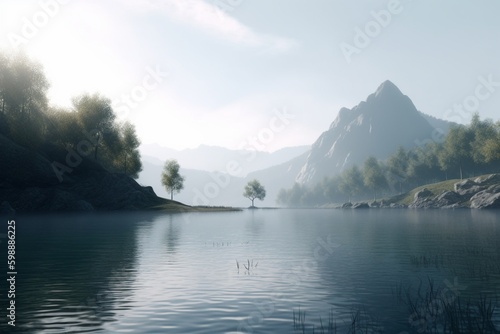 A minimalist landscape with a scenic lake or pond, Generative AI © MARISA