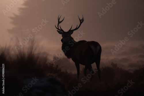 Red deer in the mist forest at sunrise. Generative AI.