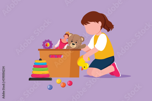 Cartoon flat style drawing pretty little girl putting her toys into box. Active kids doing housework chores at home concept. Smiling child storing her toys in box. Graphic design vector illustration