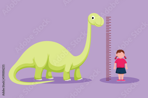Cartoon flat style drawing of pretty little girl measuring her height with brontosaurus height chart on wall. Kids measures growth at school. Child measuring height. Graphic design vector illustration