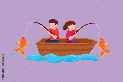 Cartoon flat style drawing smiling little boys and girls fishing together on boat. Happy children fishing on boat out in the sea. Adorable fisher kids at small lake. Graphic design vector illustration
