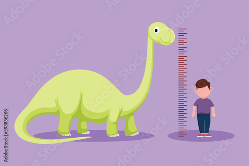 Cartoon flat style drawing adorable little boy measuring his height with brontosaurus height chart on wall. Kids measures growth at school. Child measuring height. Graphic design vector illustration