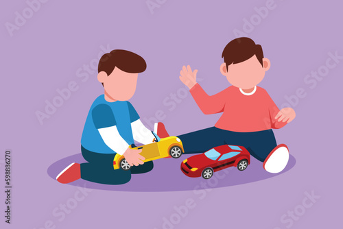 Cartoon flat style drawing two cute little boys playing with their toys cars. Adorable boy shows his toys to his friend. Happy kids playing together at playground. Graphic design vector illustration