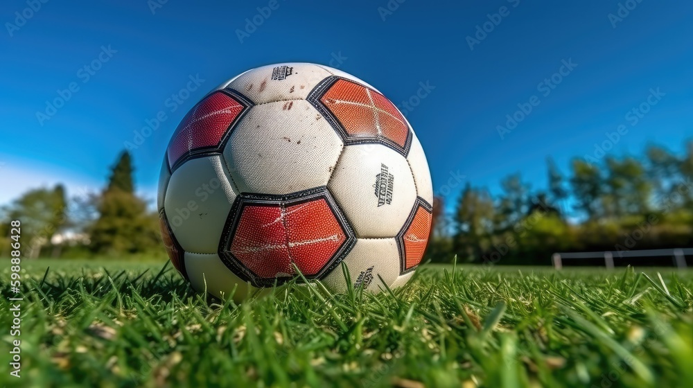 Obraz premium Ball for soccer on greengrass. Wide angle Generative AI