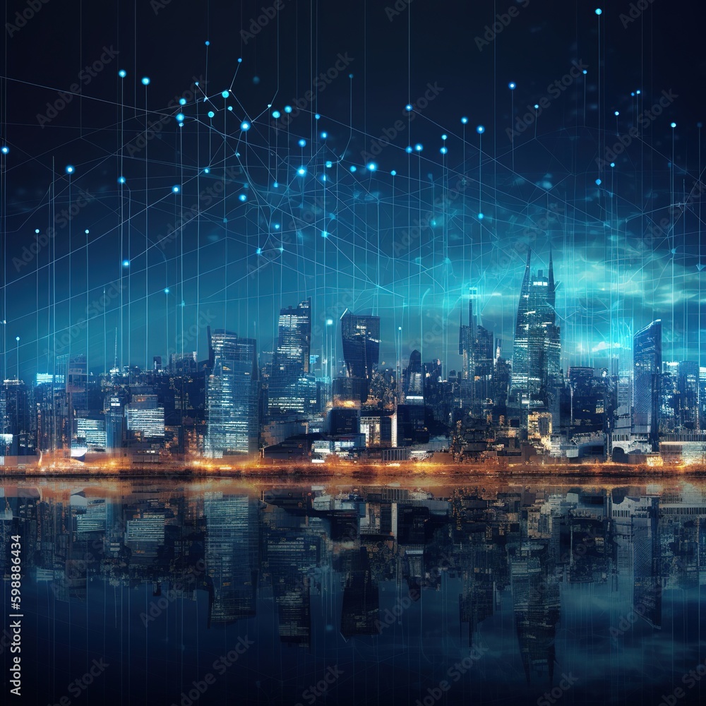 Night city skyline, Smart city concept with network connection and internet of things. generative ai