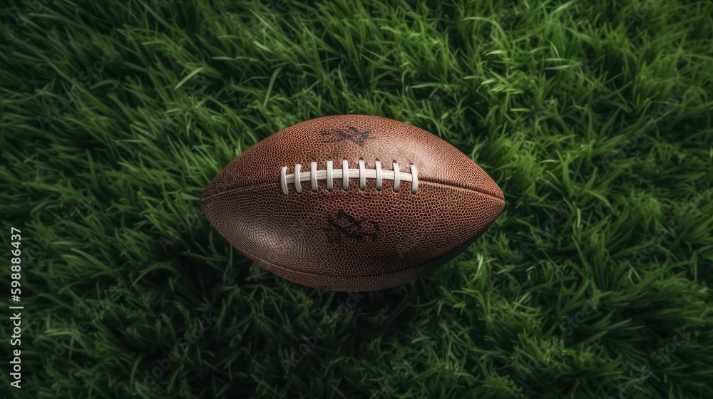 Ball for American football on fresh green field grass Generative AI Ball for American football on fresh green field grass Generative AI