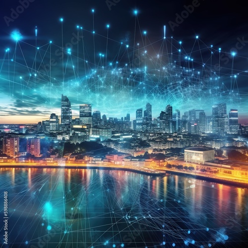 Smart city with cityscape and wireless network connection.The notion of massive data connection technology.Concept of wireless network and connection technologies. generative ai