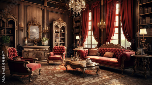 luxury vintage living room, house interior, victorian style, ai generative