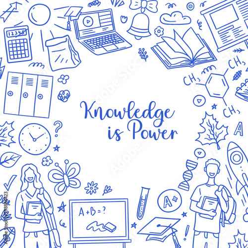 Vector hand drawn Back to School colorful doodles background template. Includes cute chalkboard, laptop, watches, butterfly, paper bag, lab tube and students