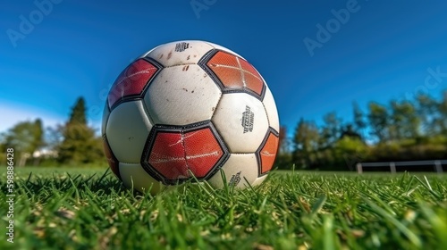 Ball for soccer on greengrass. Wide angle Generative AI © Sandris_ua