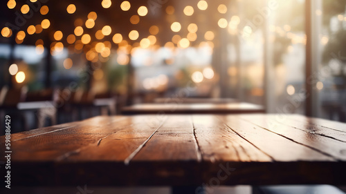 Selected focus empty brown wooden table and coffee shop cafe or restaurant blur background image. Generative Ai