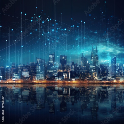 Night city skyline  Smart city concept with network connection and internet of things. generative ai