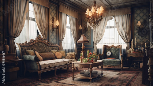 luxury vintage living room, house interior, victorian style, ai generative