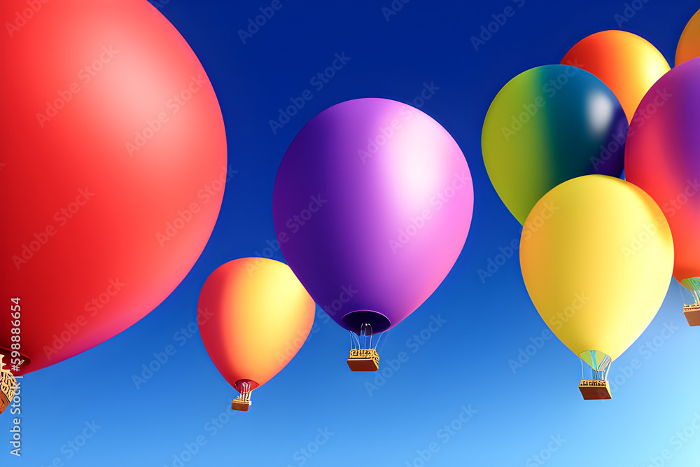 Multicolored balloons levitate in the air on a blue sky background. generative AI