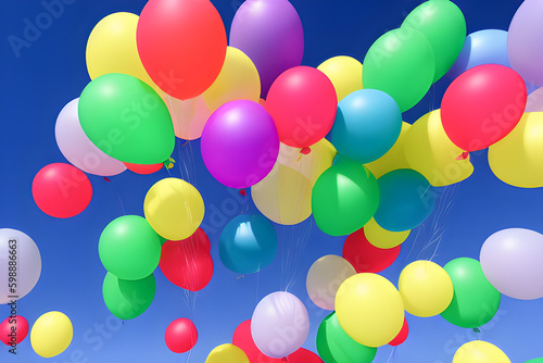 Multicolored balloons levitate in the air on a blue sky background. generative AI