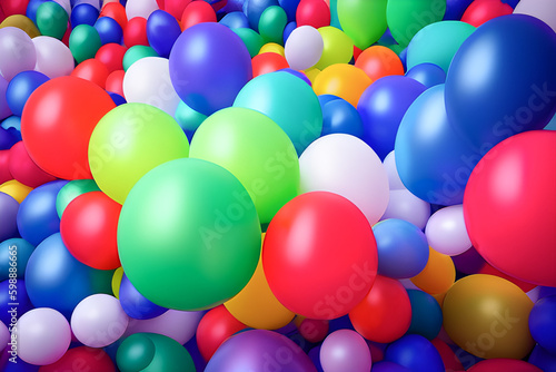 Multicolored balloons levitate in the air on a blue sky background. generative AI