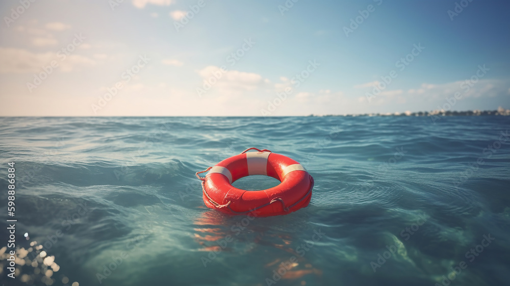 Red lifebuoy floating in the sea. Generative Ai